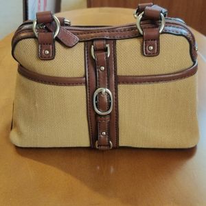 Etienne Aigner Mini Bag beige canvas & brown leather with silver hardware.